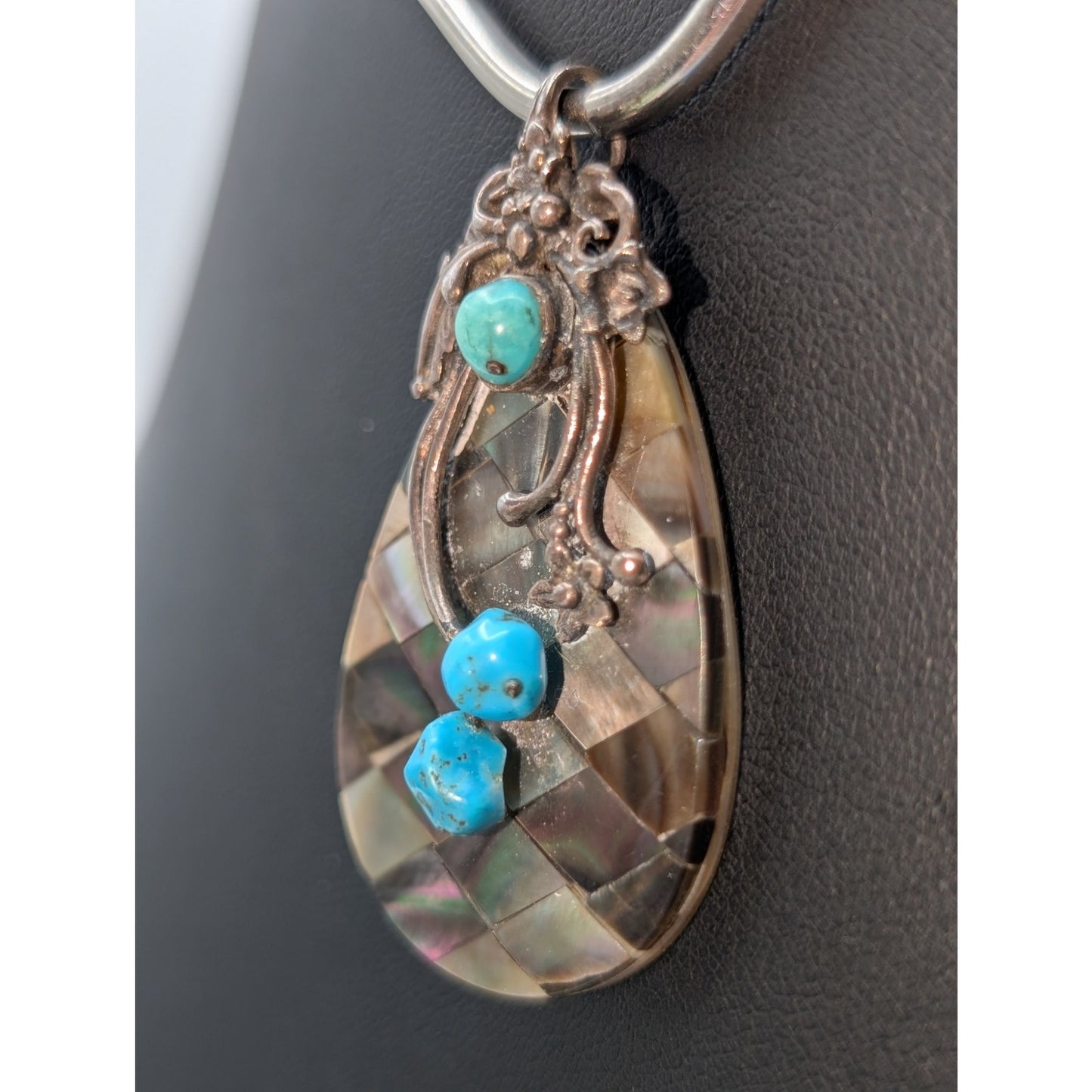 Vintage Checkerboard Design Abalone Shell Sterling Silver Turquoise Pendant Only
