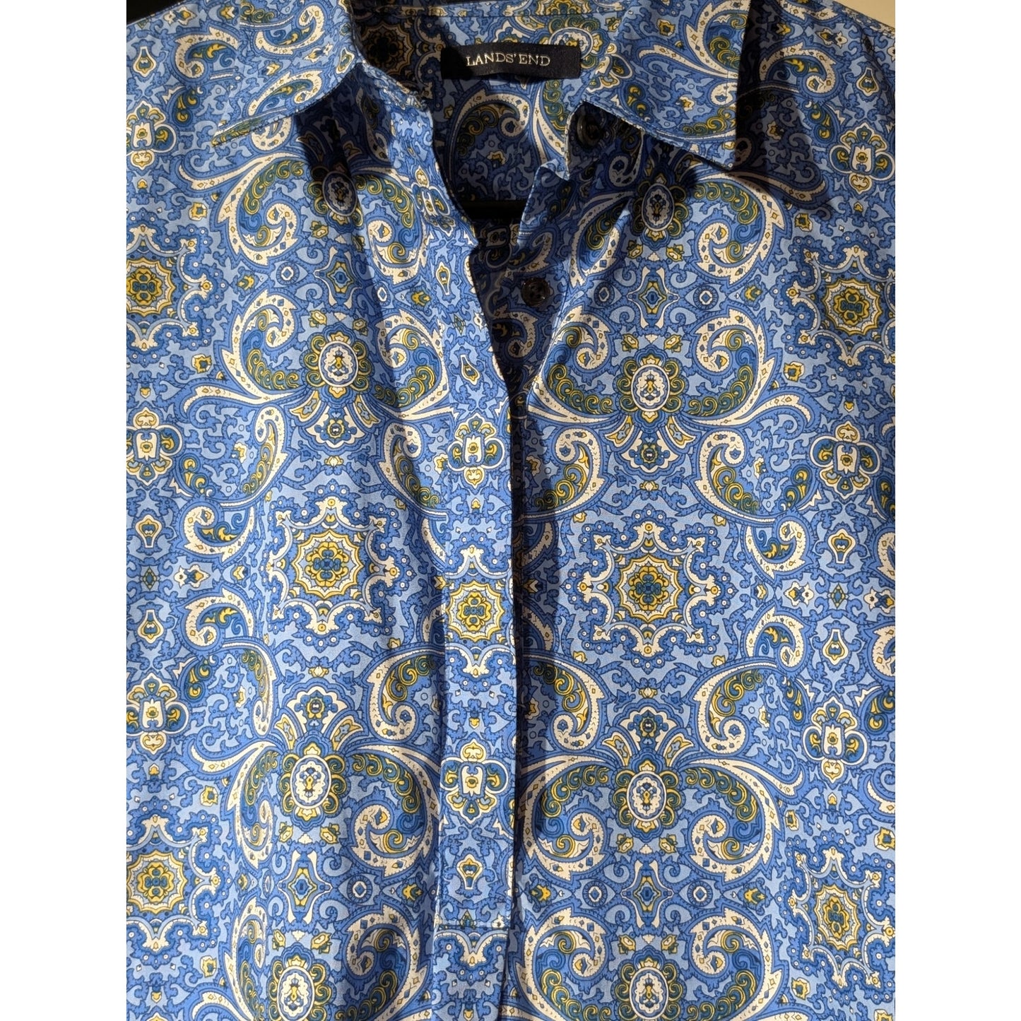 Lands' End Blue Yellow Paisley Half Button Popover No Iron Supima Womens Tunic