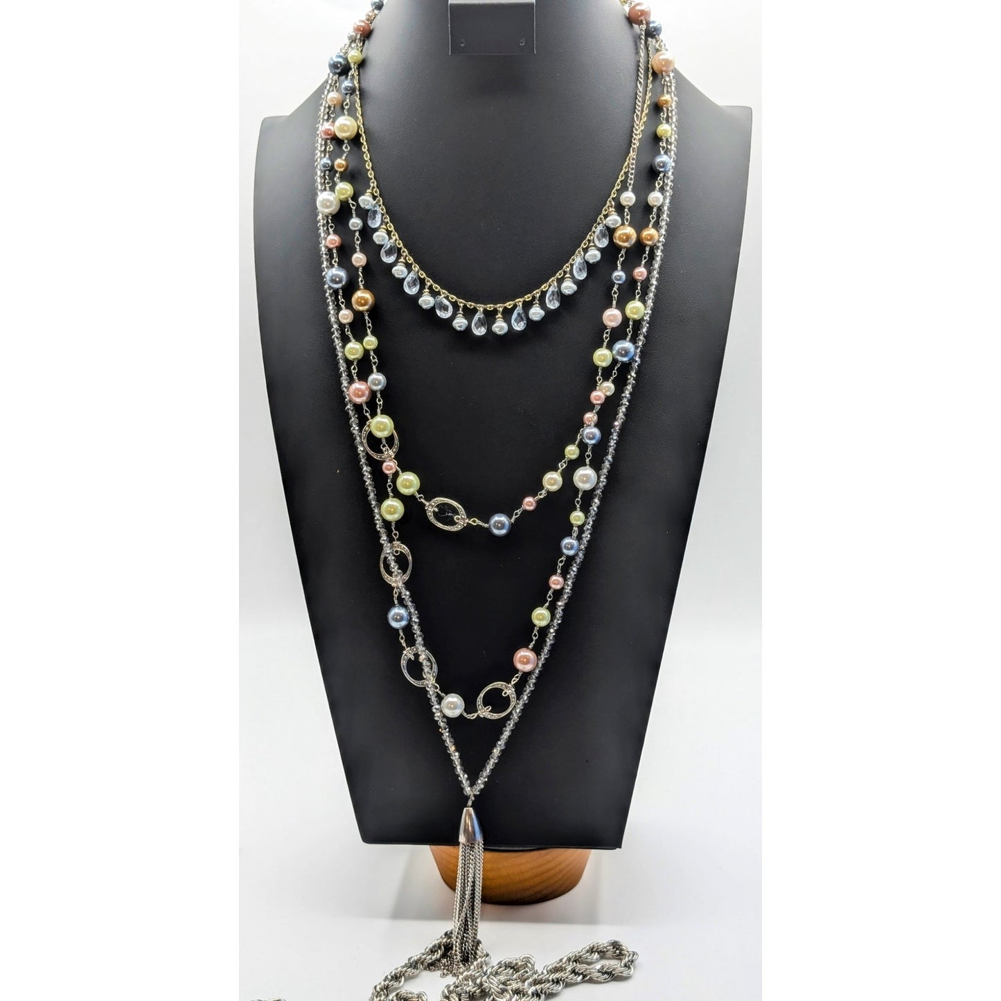 Lot of Four Faux Pearl Chain Crystal Silver Tone Necklaces