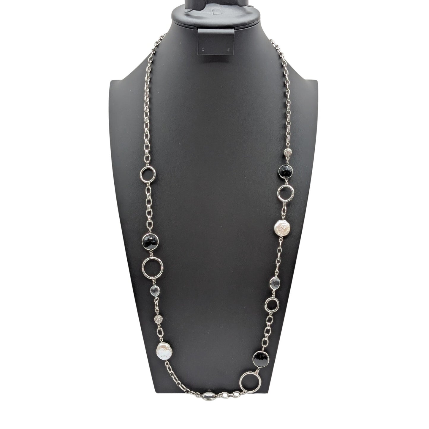 White House Black Market 34"-38" Silver Tone Pearl Crystal  Long Chain Necklace
