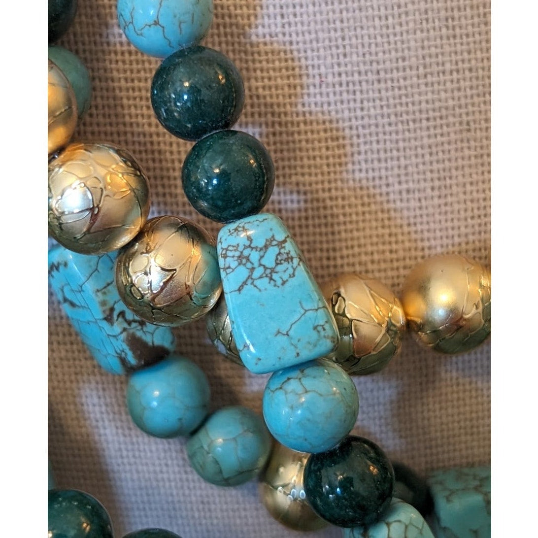 Chunky Blue Green Stone Gold Bead Multi-Strand Heavy Statement Necklace
