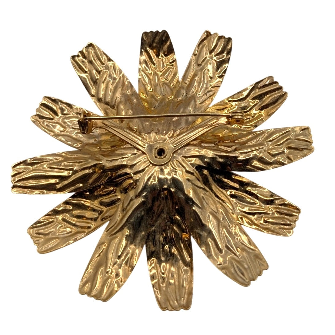 Vintage 70s Large Textured Gold Tone Long Leaf 3D Flower Brooch
