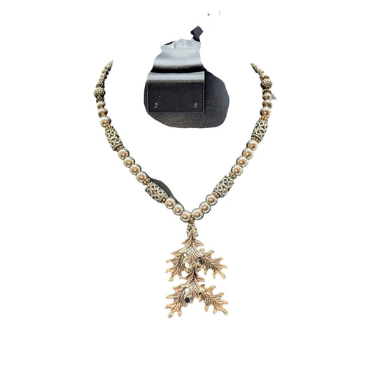 Vintage Silver Tone Bali Bead Layered Leaf Pendant Necklace W/ Hook Clasp