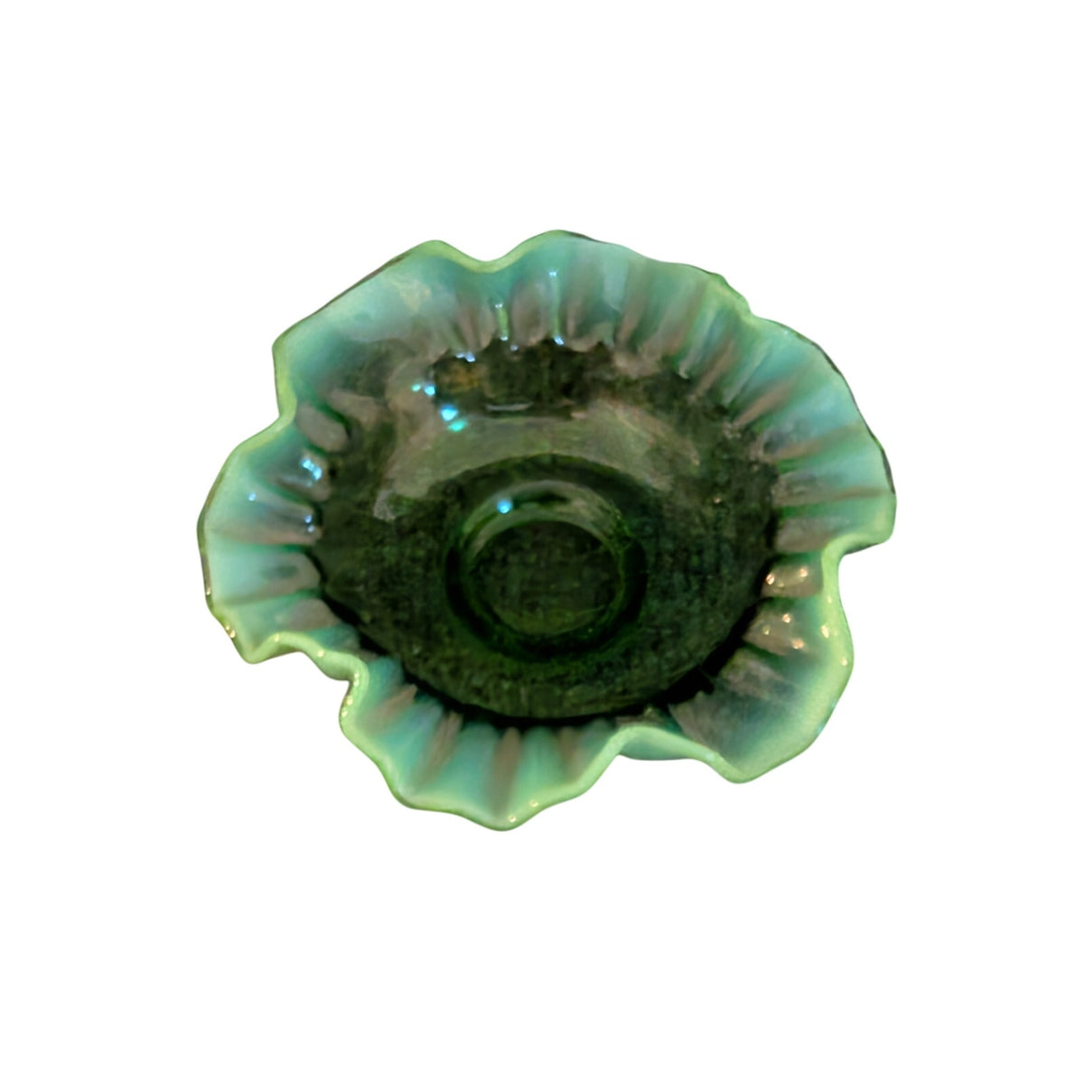 Vintage Green Opalescent Ruffled Edge Fenton Art Glass Bowl -- Read Description