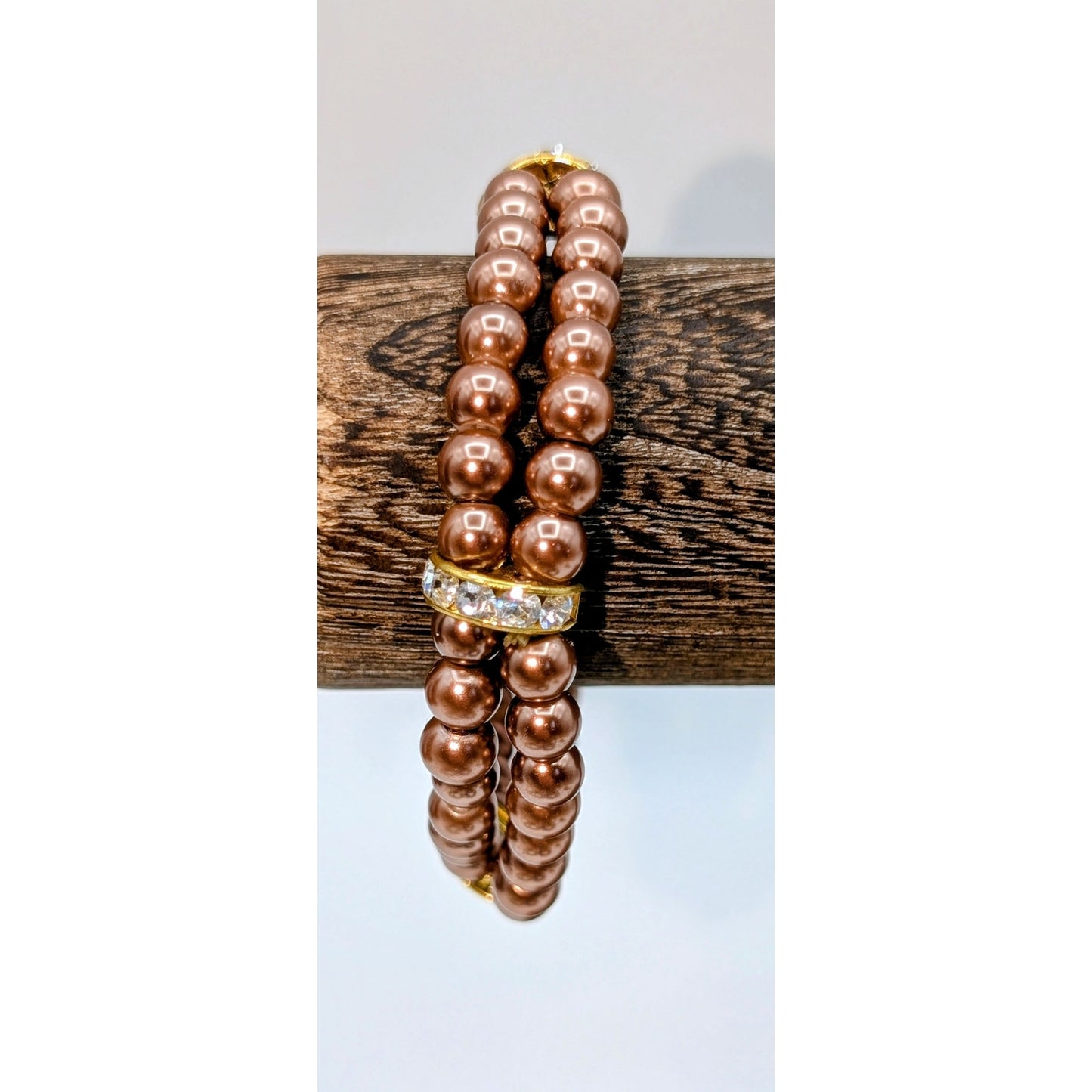 Double Strand Copper Faux Pearl Rhinestone Station Stretch Bracelet