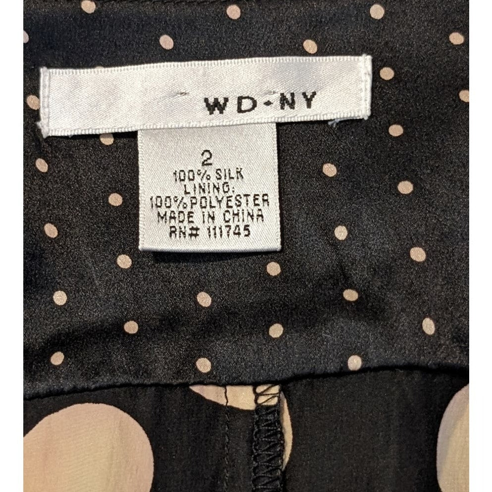 WD NY Black Cream Polka Dot V-Neck Tie Back Silk Lined Dress Size 2