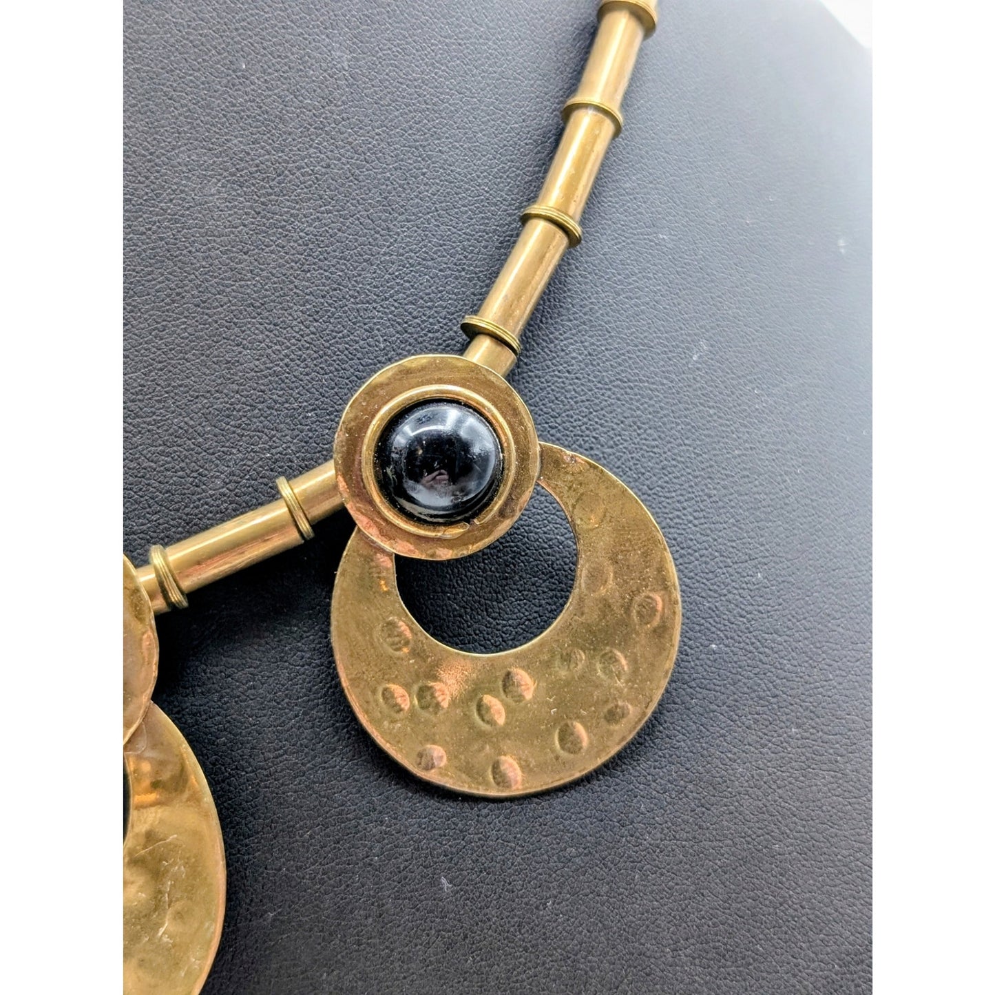 Vintage Brass Open Circles Black Cabochon Tribal Statement Necklace