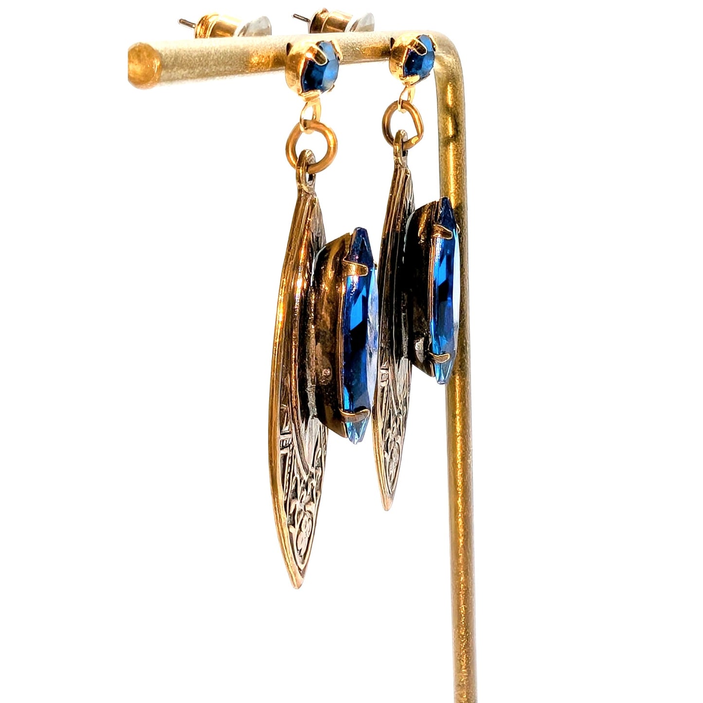 VTG Signed SADIE GREEN Bronze Marquis Blue Renaissance Revival Dangle Earrings