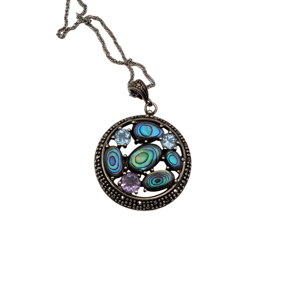 Vtg 925 Sterling Silver SLC Thailand Abalone Gemstone Marcasite Pendant Necklace