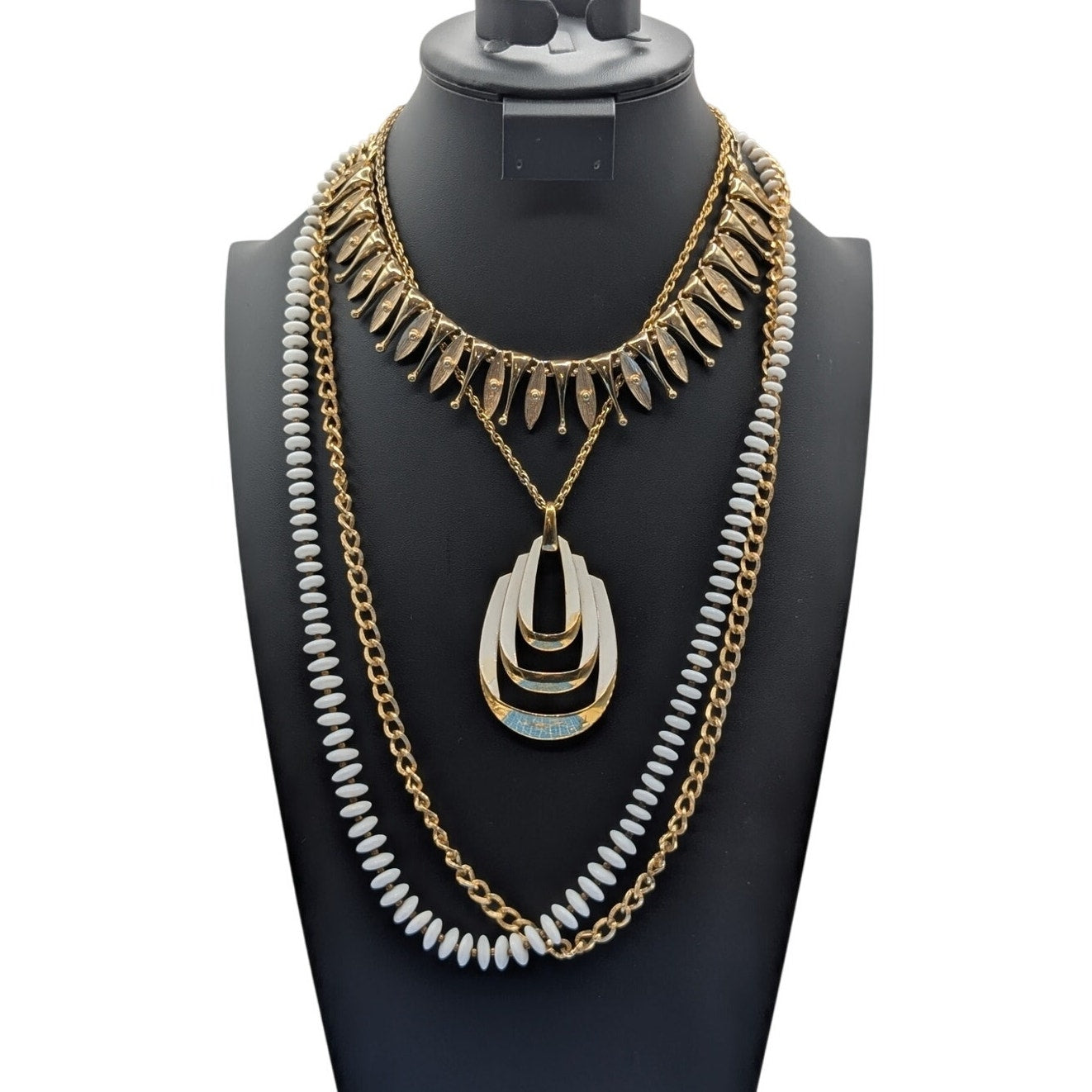 Lot of Four Gold Tone & White Theme Vintage Necklaces