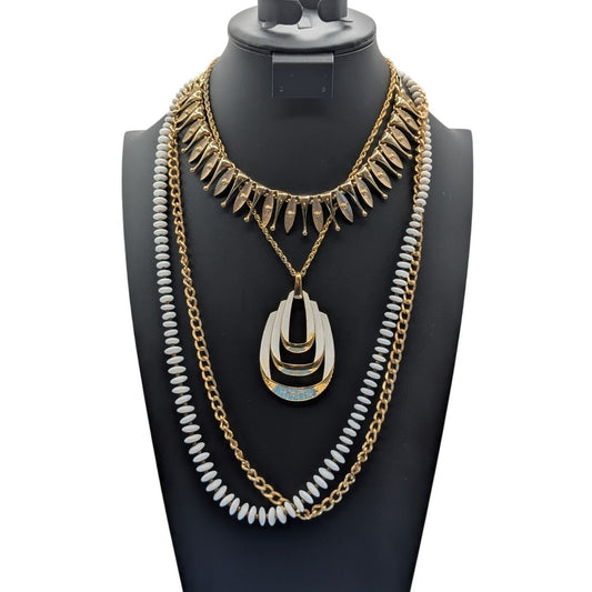 Lot of Four Gold Tone & White Theme Vintage Necklaces