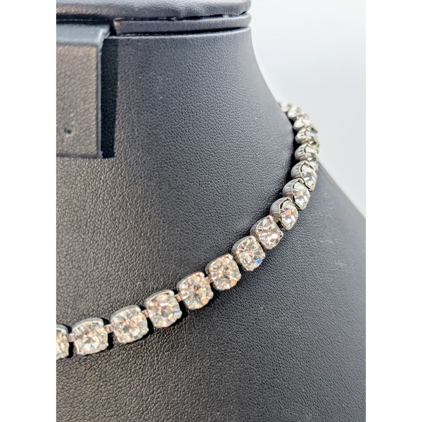 Vintage 12mm Rhinestone Silver Tone 12"-15" Choker Necklace