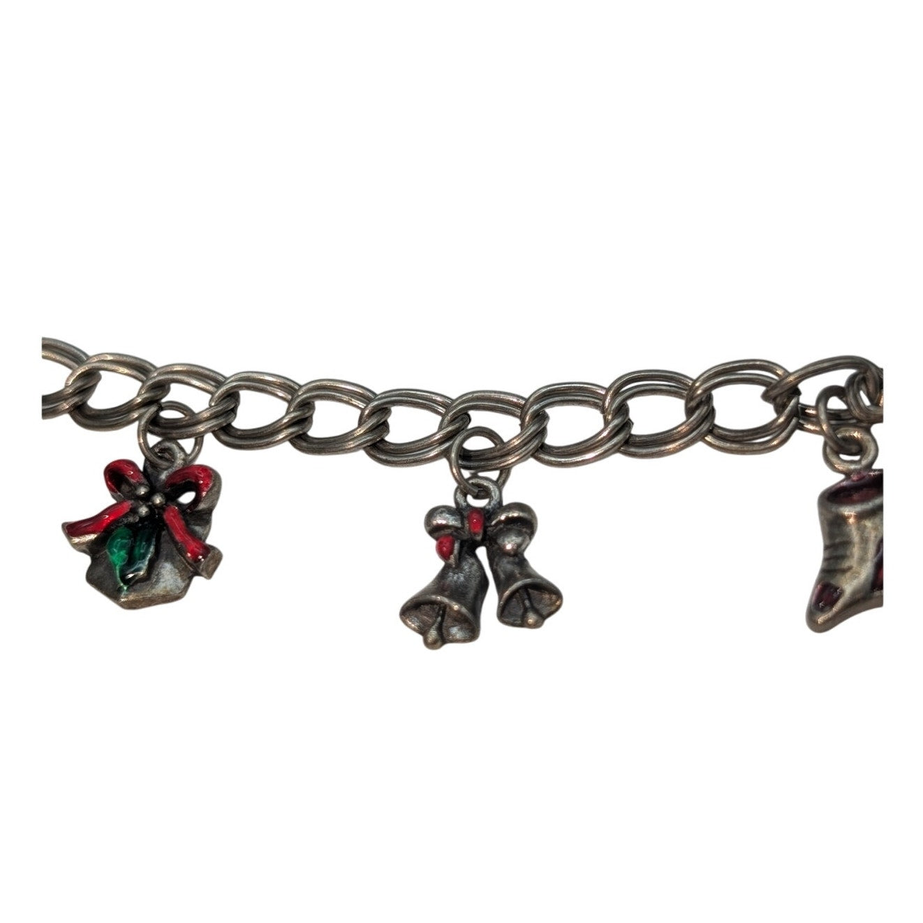 Vintage Silver Tone Double Curb Chain Link Christmas Charm 7"-8" Bracelet