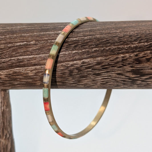 Vintage Brass Multi Color Inlay Bangle Bracelet