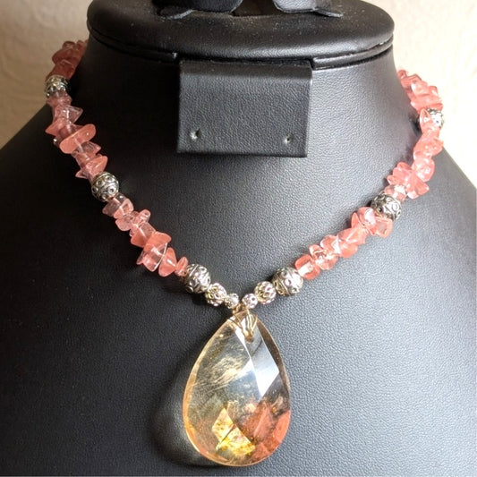Pink Glass Chip & Faceted Teardrop Pendant Silver Tone Toggle Clasp Necklace