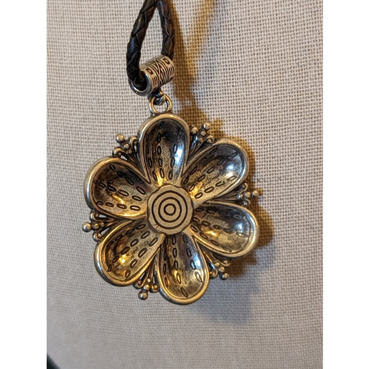 BRIGHTON Retired Rare Cream Enamel Flower Pendant Braided Leather Necklace