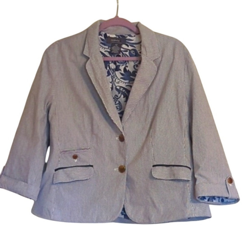 George Womens Blazer Blue Pinstripe Button Lined Notch Lapel Pocket Cotton Sz 16