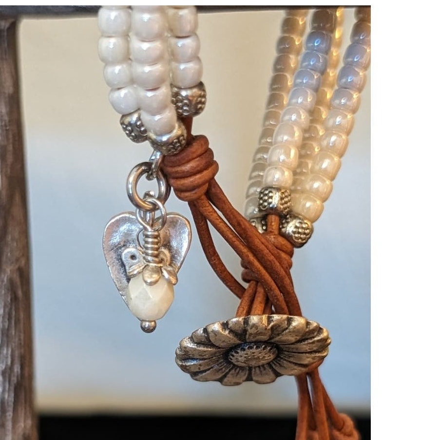 Beaded Leather Sunflower Wrap Dangle Charm Boho Bracelet