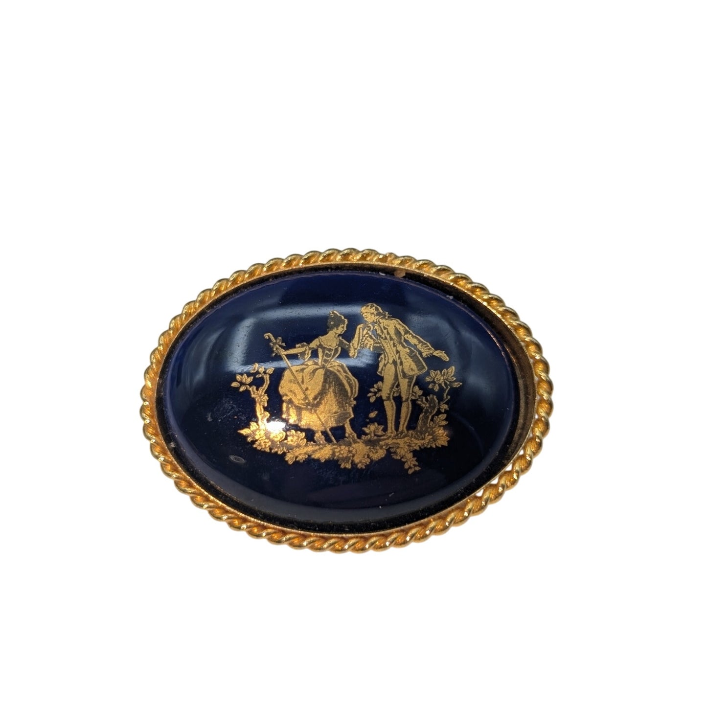 Vintage Navy Blue Gold  Courting Couple Rope Design Surround Brooch