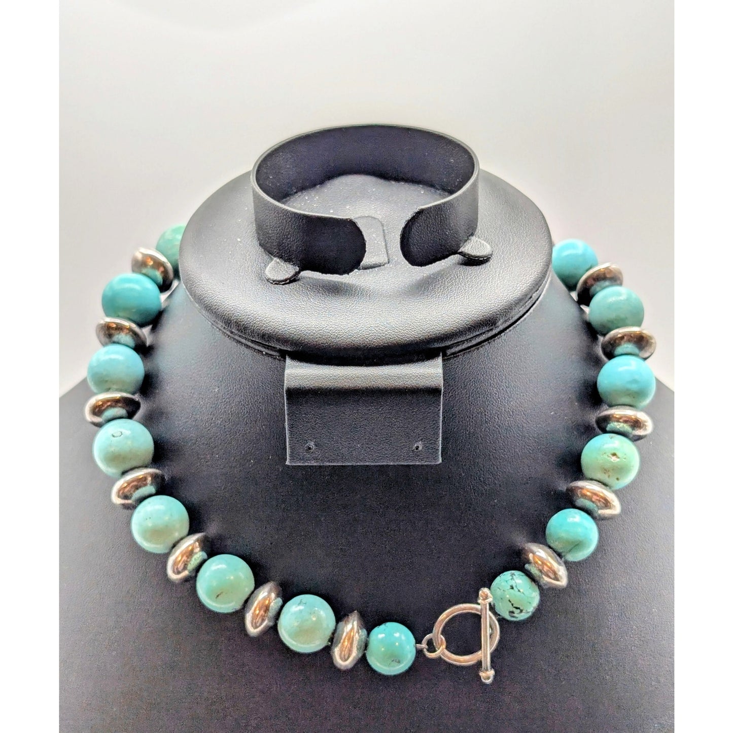 VTG 925 Sterling Silver Chunky Beaded Natural Stone Toggle Clasp Necklace 91.84g