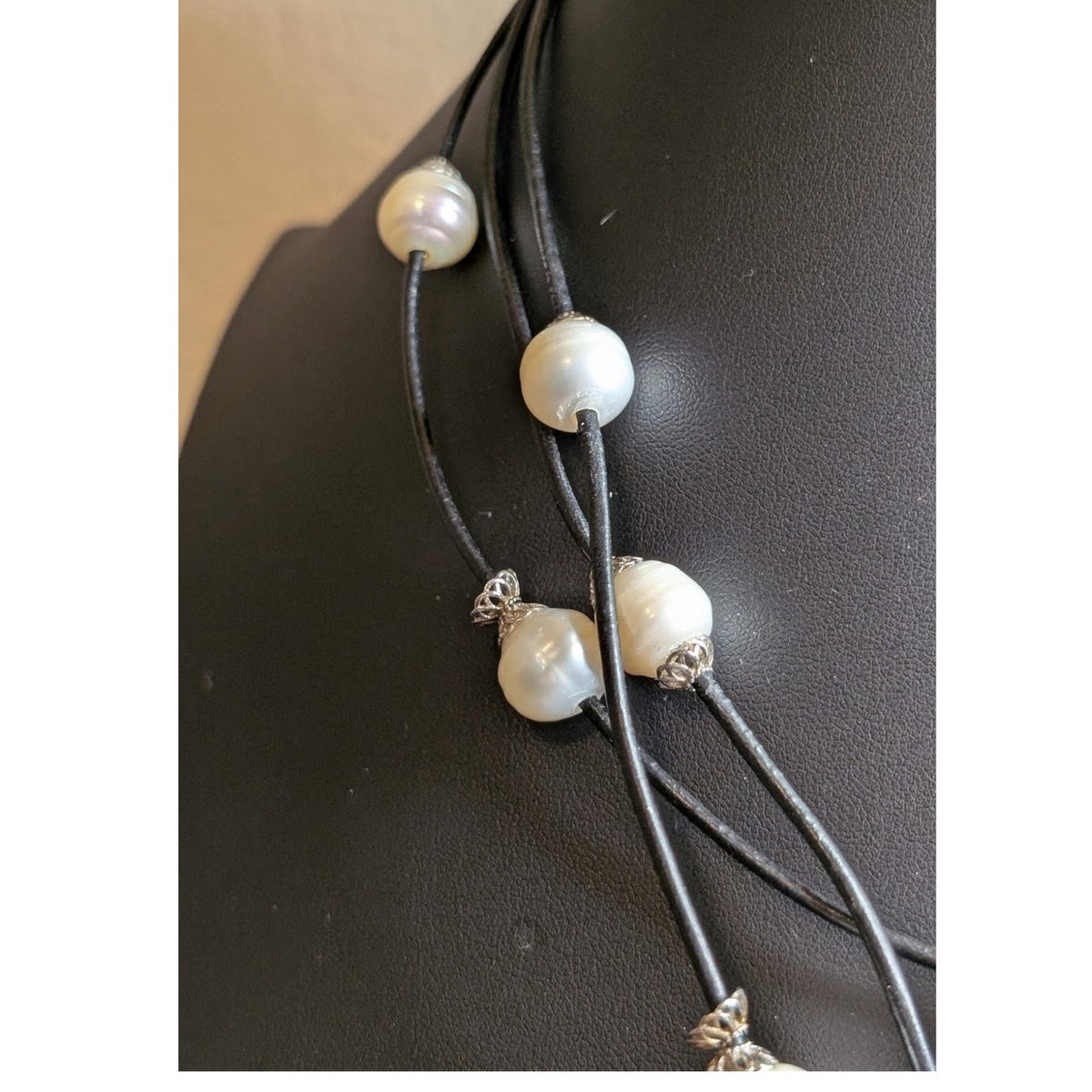 925 Sterling Three Strand Floating Genuine Freshwater Pearl Corded Necklace