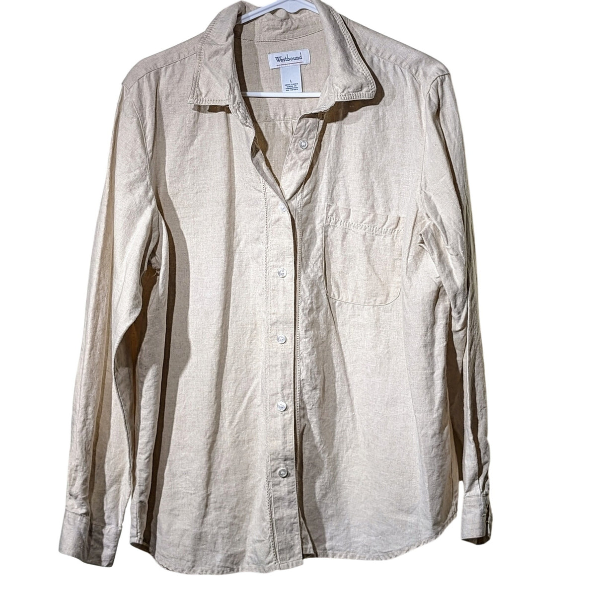 Westbound Ecru Eyelet Trim Button Up 100% Linen Long Sleeve Shirt Womens Sz L