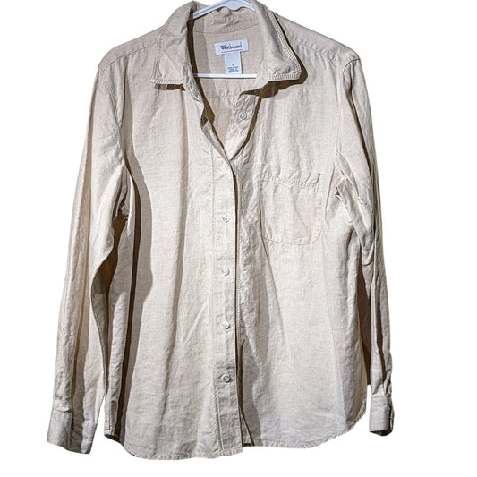Westbound Ecru Eyelet Trim Button Up 100% Linen Long Sleeve Shirt Womens Sz L