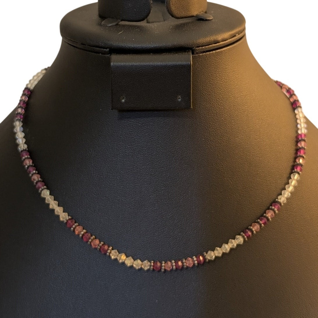 Vtg Boho Clear Purple Pink Crystal Bicone Bead Choker 17" Hook Clasp Necklace
