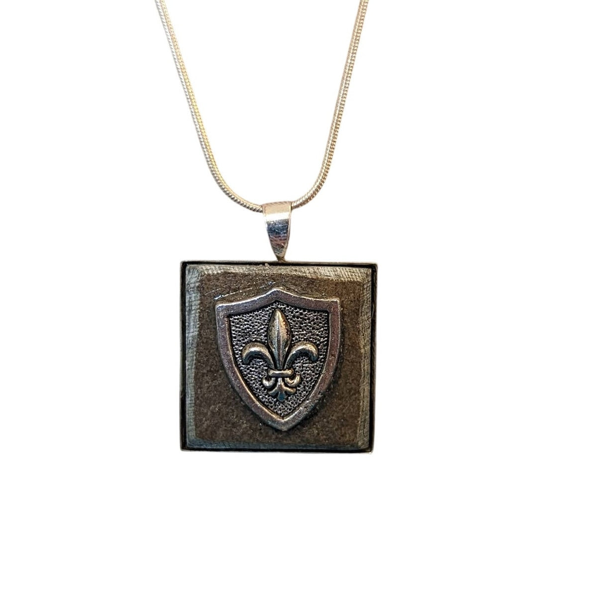 Fleur De Lis Shield On Stone Pendant on 18K Gold Plated 23" Silver Snake Chain