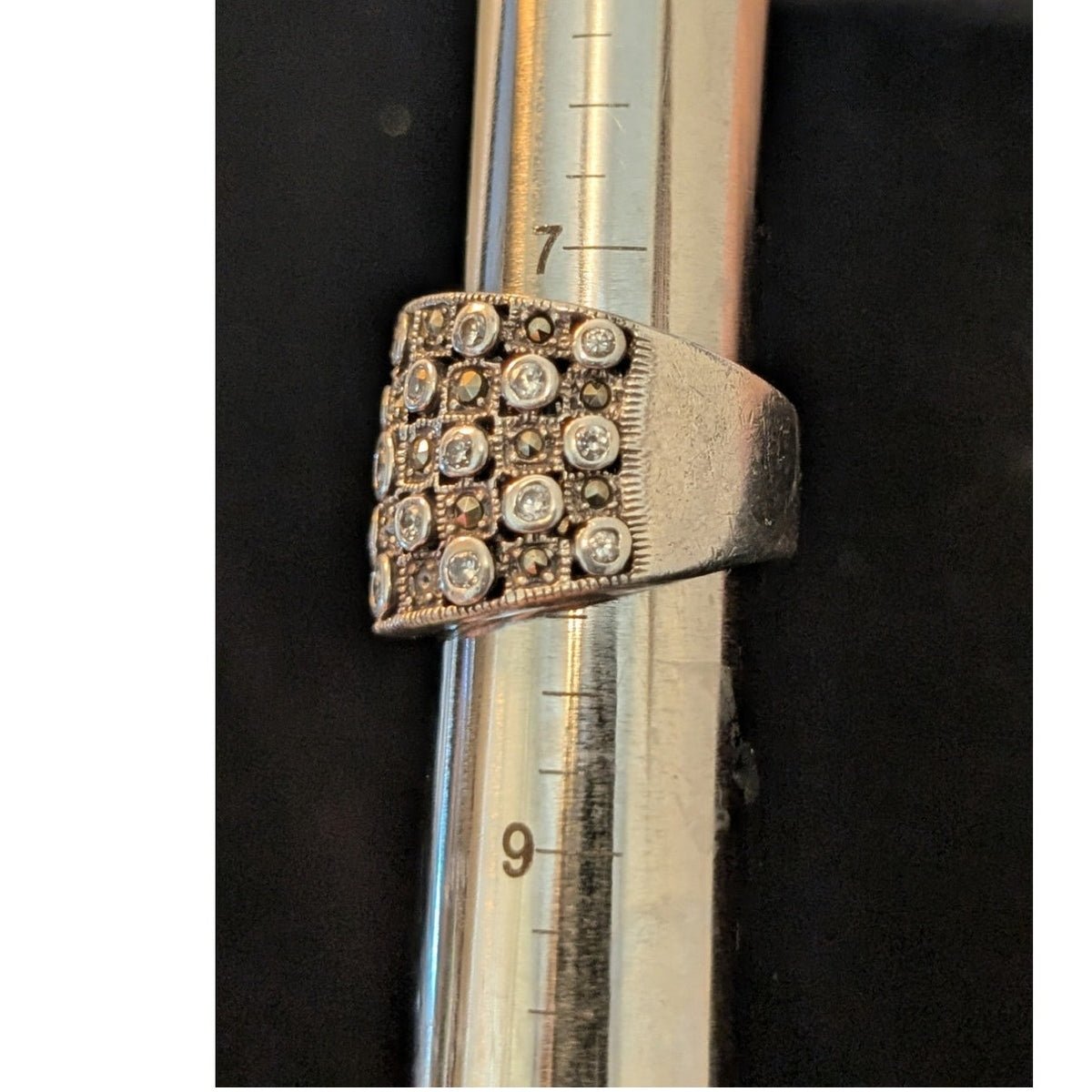 Vtg Sterling Silver 925 Marcasite Cubic Zirconia Wide Band Ring Size 7.5 10.14g