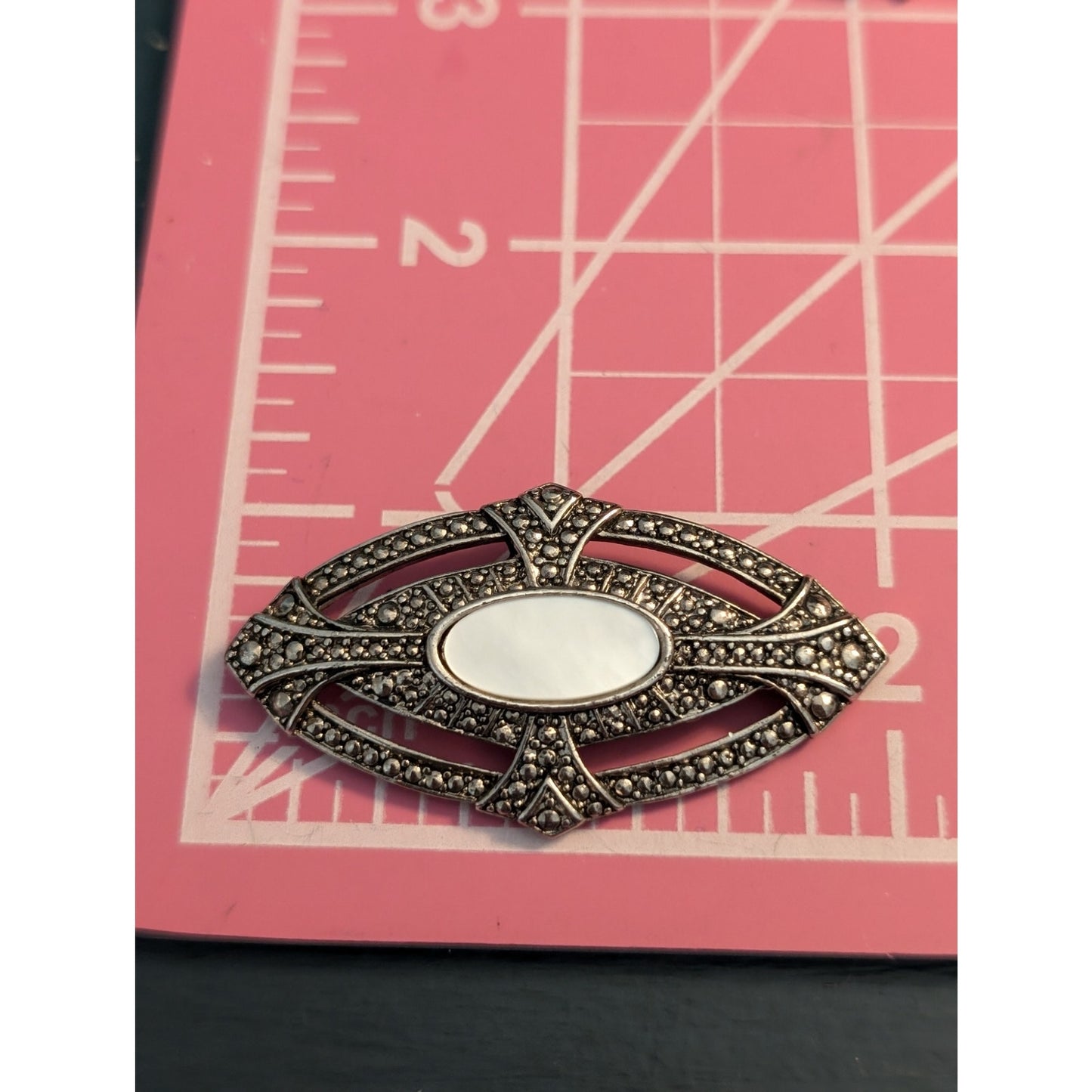 Art Deco Mother of Pearl Silver Tone Marcasite Look Brooch