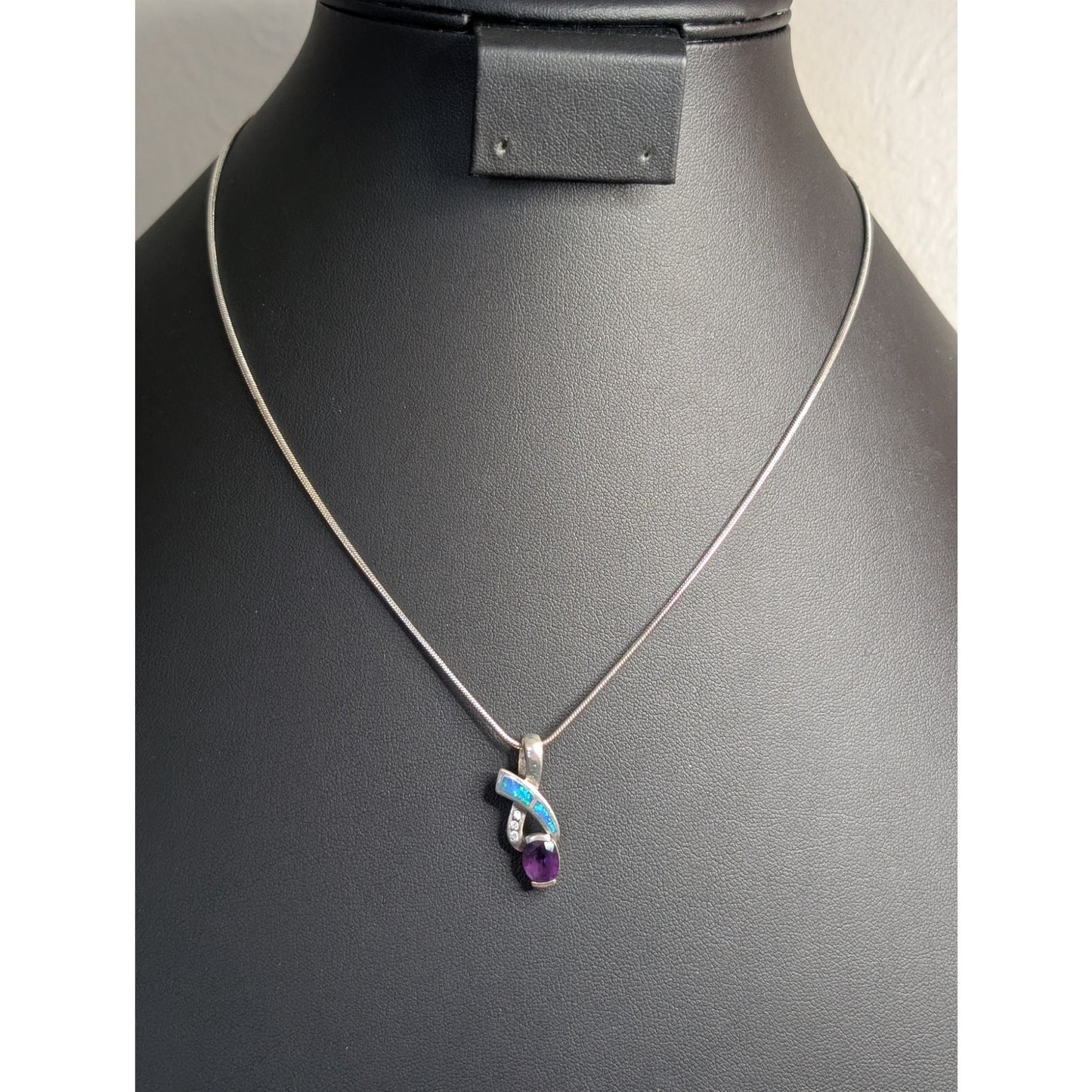 AK Atasay Kuyumculuk Sterling Opal Inlay Amethyst Clear Stone Pendant Necklace
