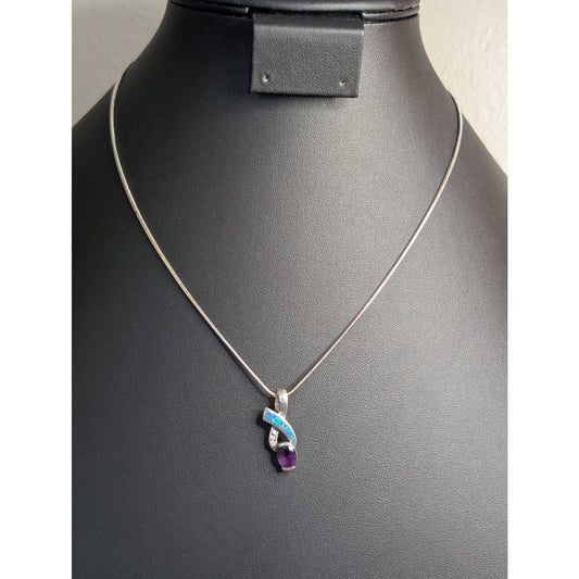 AK Atasay Kuyumculuk Sterling Opal Inlay Amethyst Clear Stone Pendant Necklace