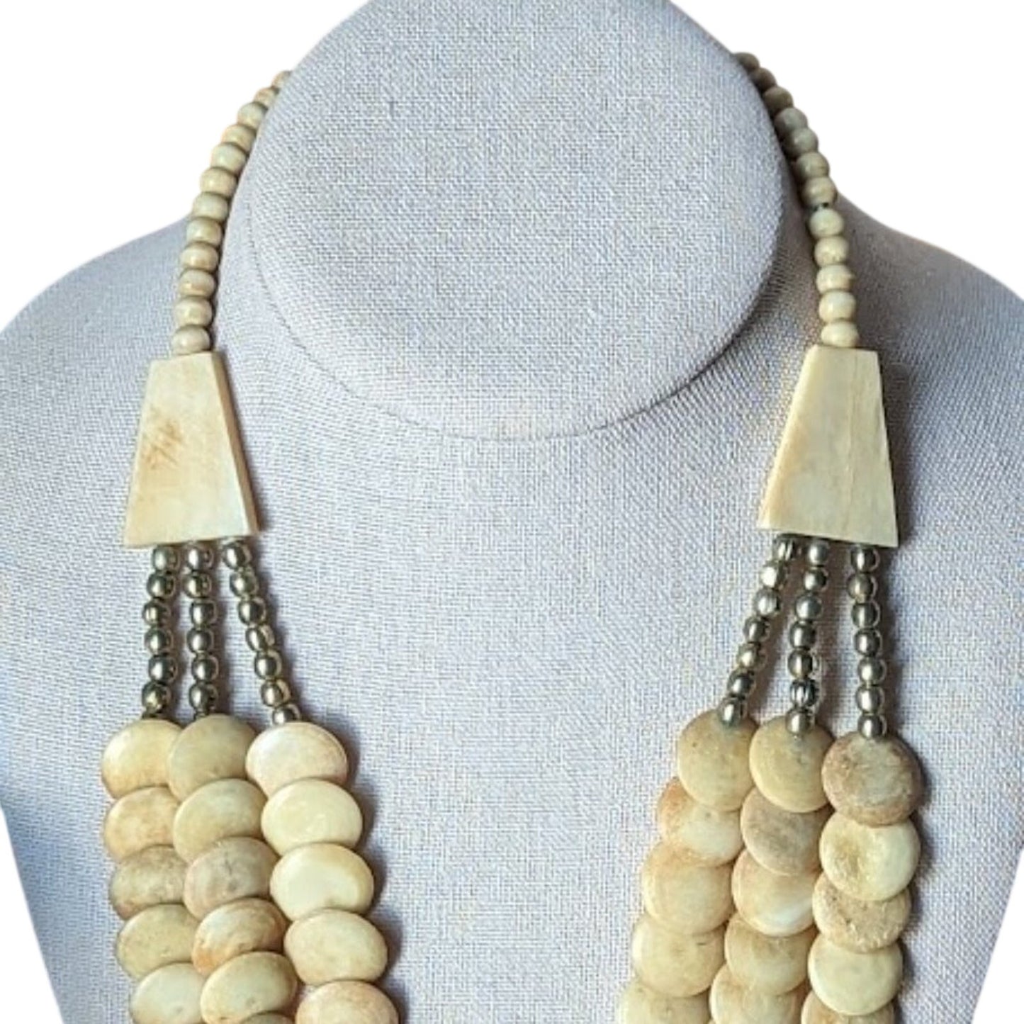 Vintage Multi-Strand Cream Tone Bone/Resin Tribal Statement Necklace