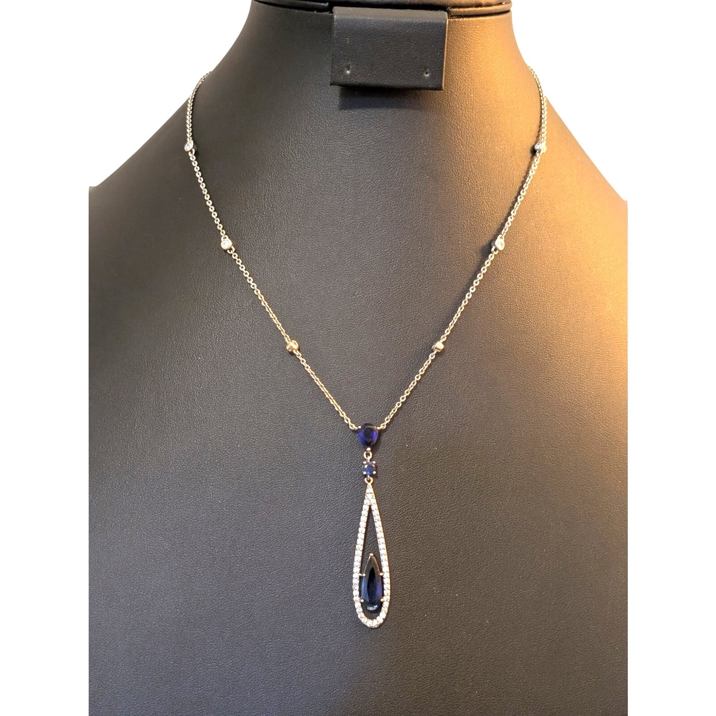 Carolee Faux Sapphire Silver Tone Linear Teardrop 19" Necklace