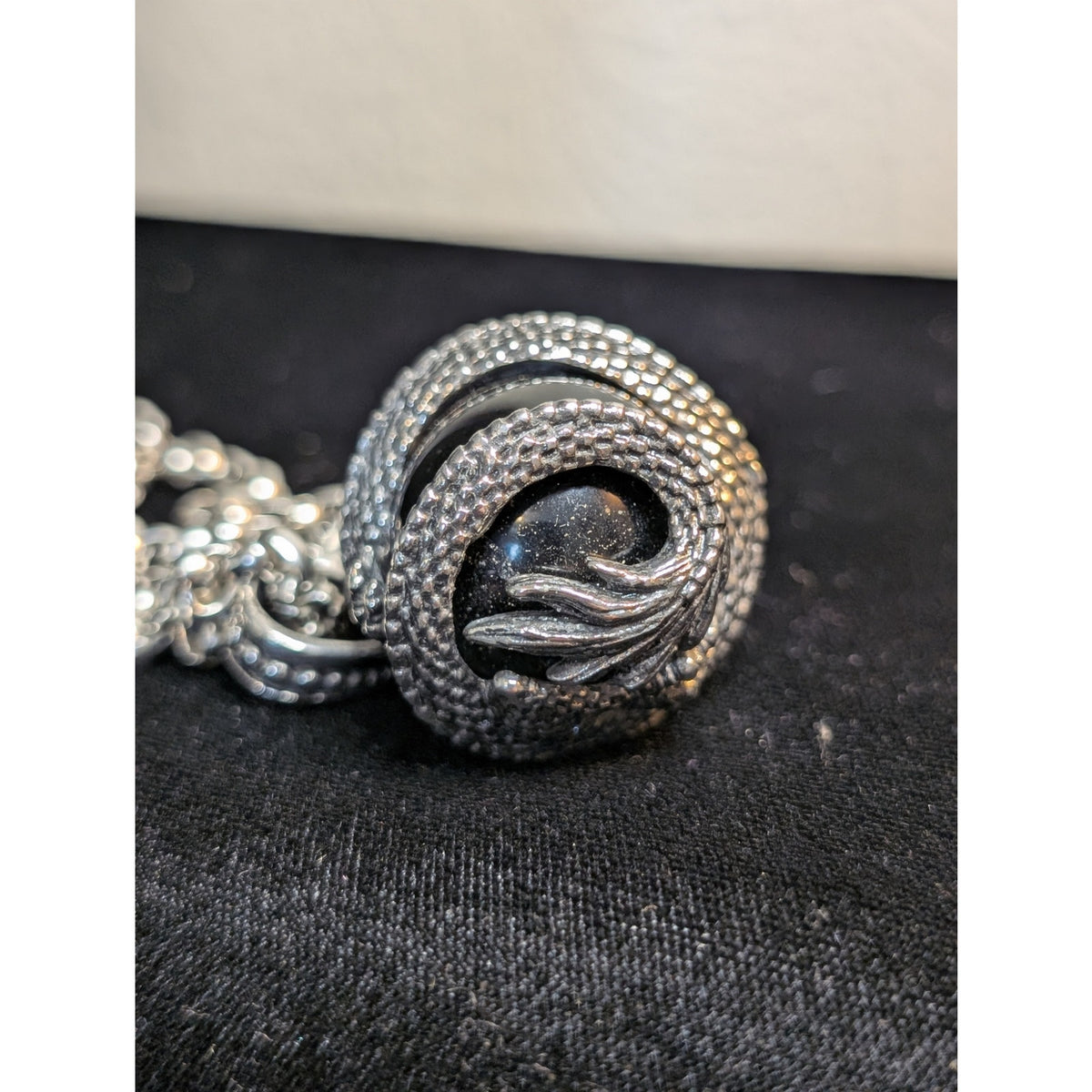 Dragon Obsidian Pendant On Heavy Silver Tone Rolo Link Chain 22" Necklace