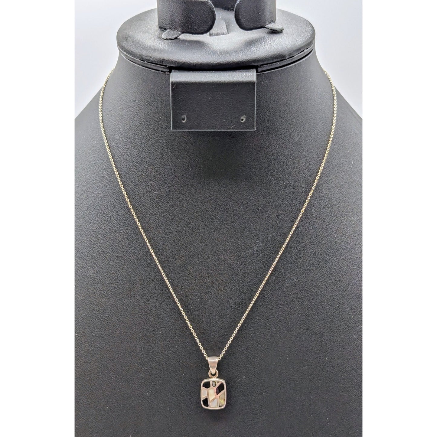 VTG 925 Sterling Silver Marsala MOP Abalone Onyx Inlay Pendant 17.5" Necklace