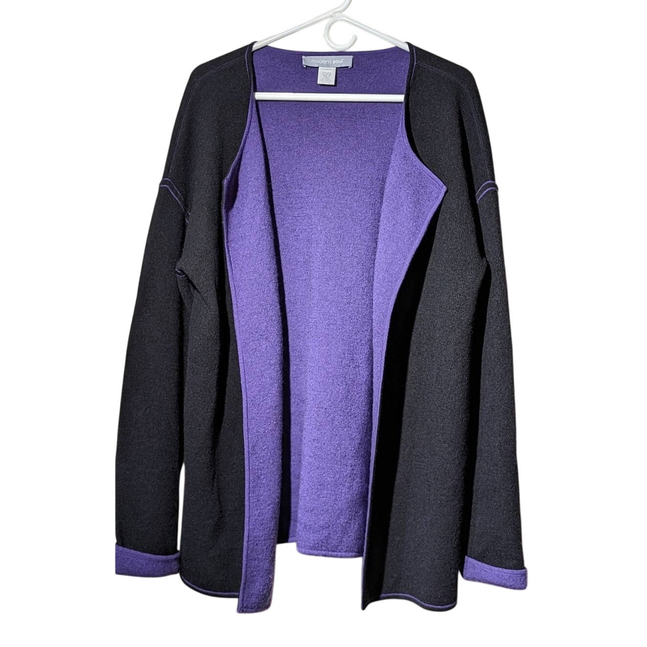 Modern Soul Open Front Black Wool Blend Cardigan w/ Purple Trim Size L