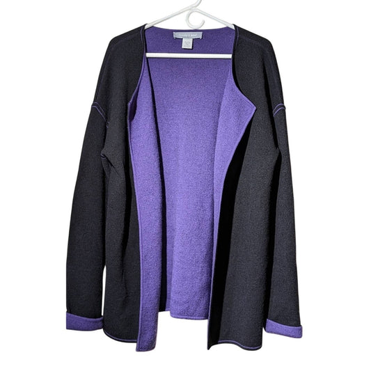 Modern Soul Open Front Black Wool Blend Cardigan w/ Purple Trim Size L