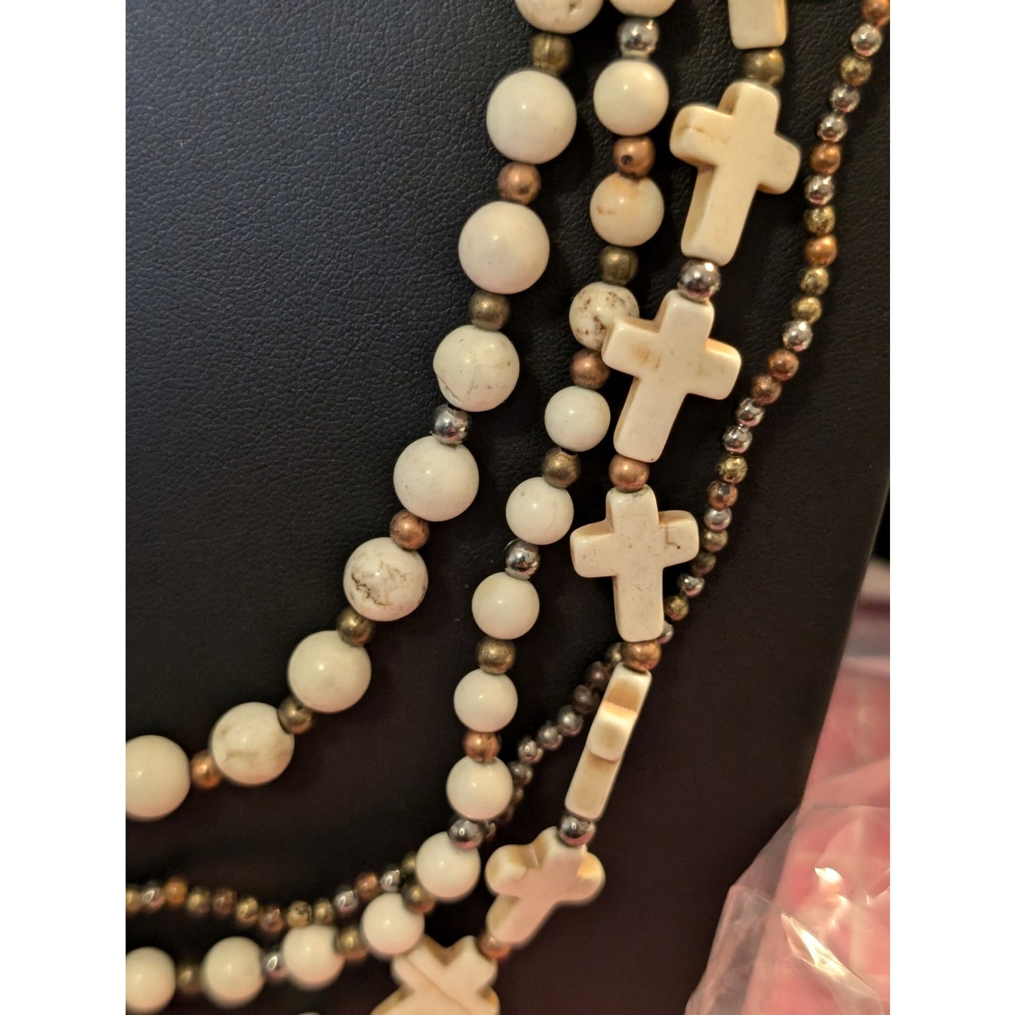 Long Boho Four-Strand Creamy Stone Cross & Bead Necklace