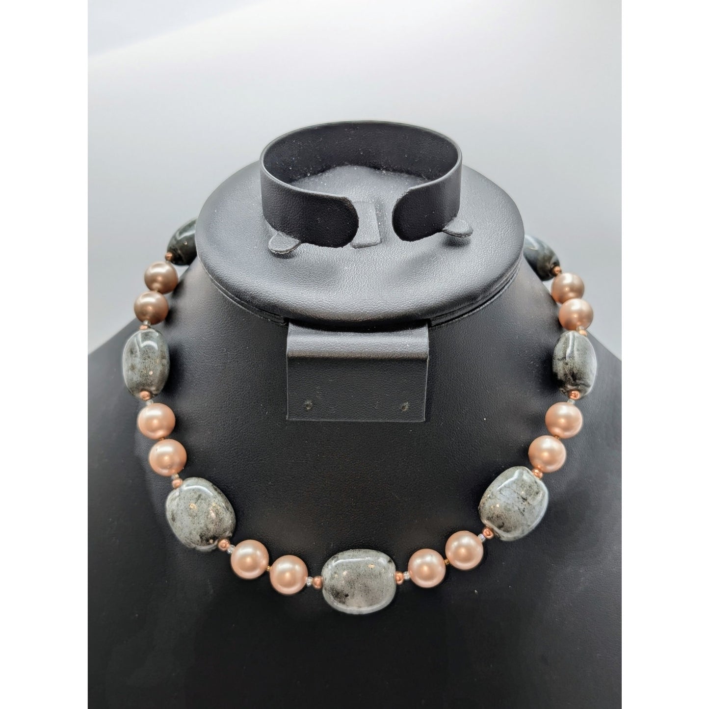 Light Mauve Gray Ceramic Bead Gold Tone Hook Clasp 16" Necklace
