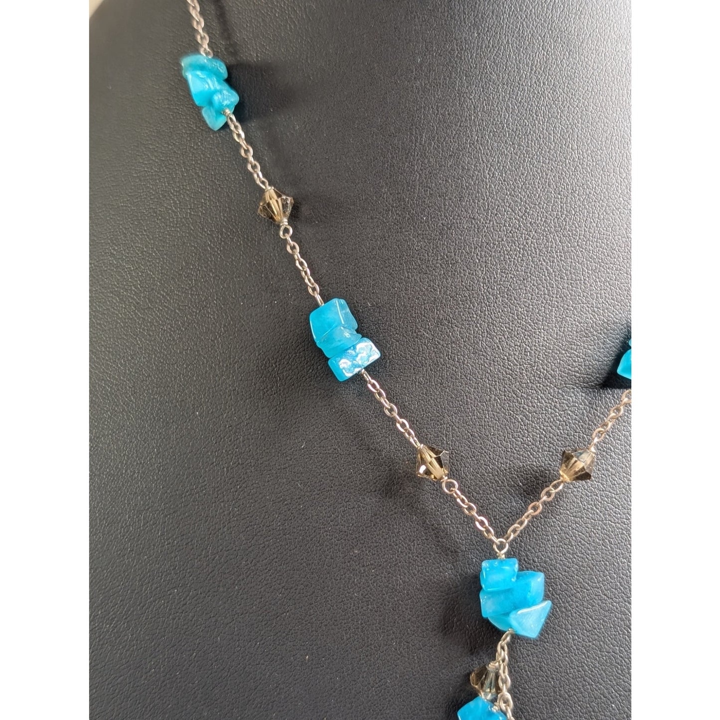 Neon Blue Gemstone Smoky Bicone Crystal Sterling Silver 16.5"-18.5" Necklace