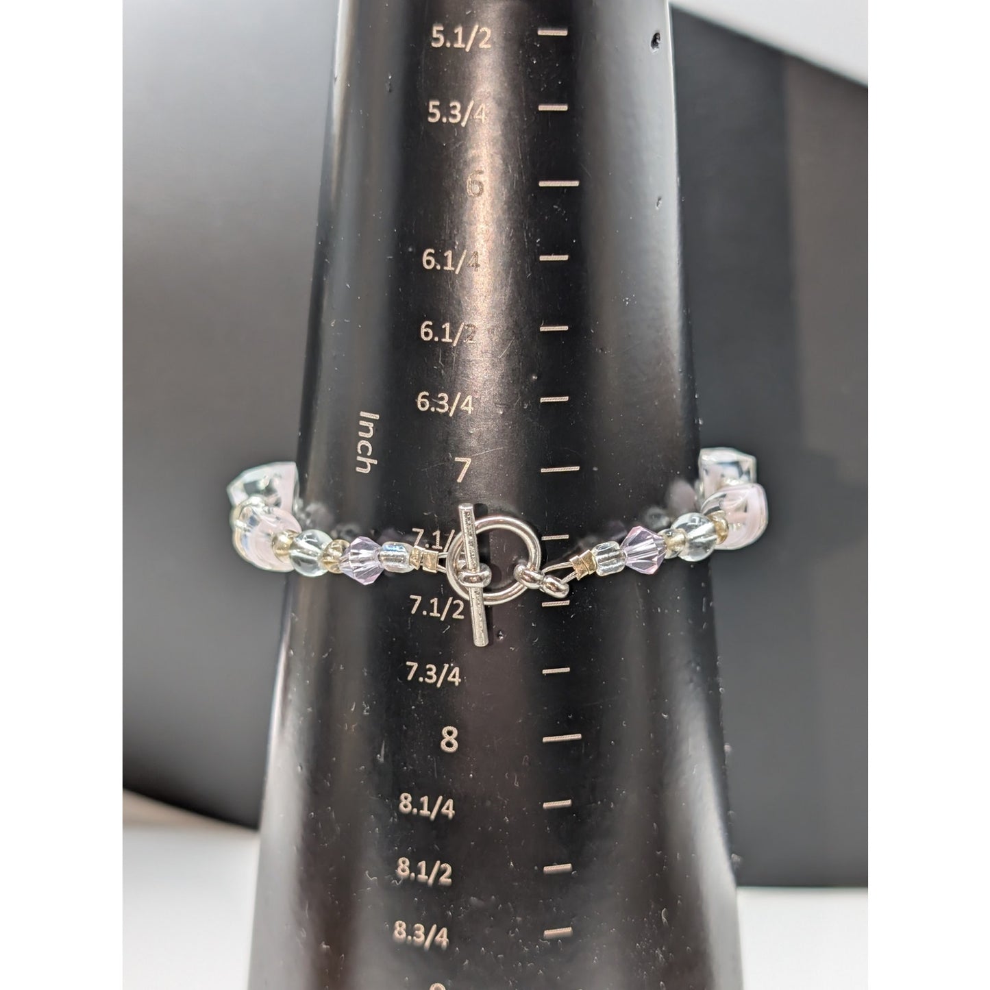 Multi-Shape Glass Beads W/ Pink Cloud Inside Silver Tone Toggle Clasp Bracelet