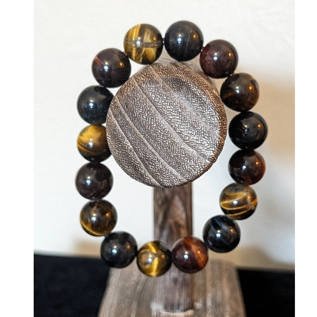 14mm Blue, Red and Gold Yellow Tiger Eye Beaded Stretch Bracelet