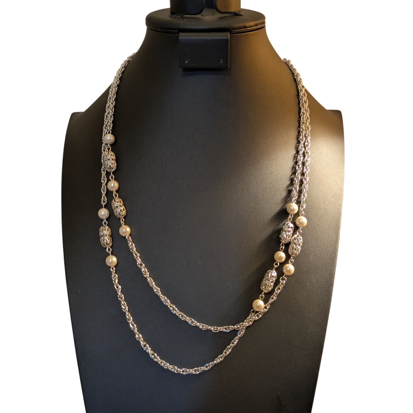 VINTAGE Sarah Coventry Silver Tone Pearl Filigree Bead 52" Necklace