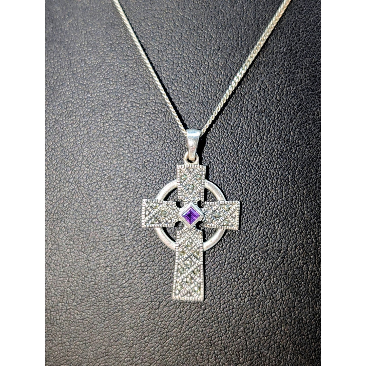 925 Sterling Silver Marcasite Amethyst Celtic Cross Pendant Chain 18" Necklace
