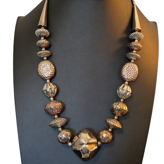 Vintage Chunky Tribal Multi-Tone Multi-Shape Metal Beaded Lightweight Necklace