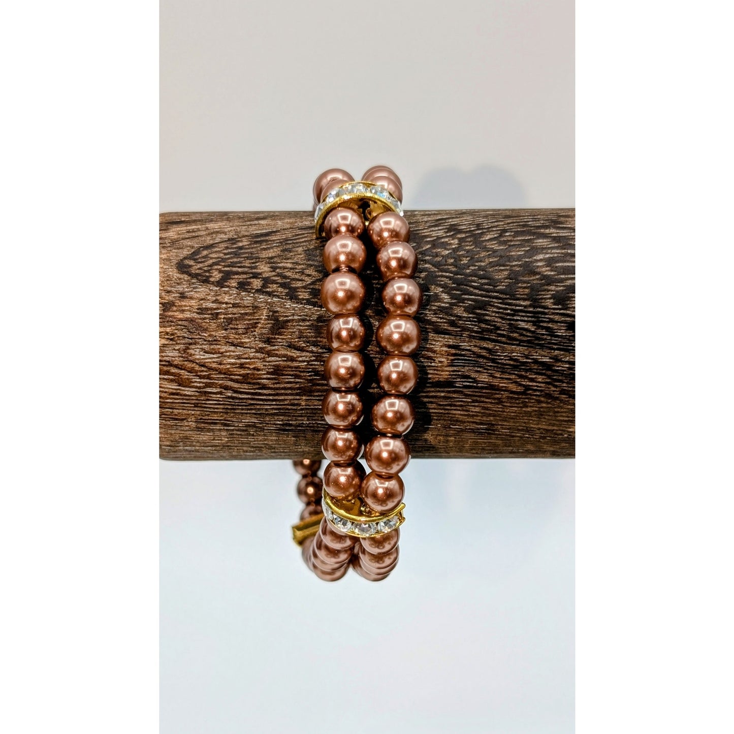 Double Strand Copper Faux Pearl Rhinestone Station Stretch Bracelet
