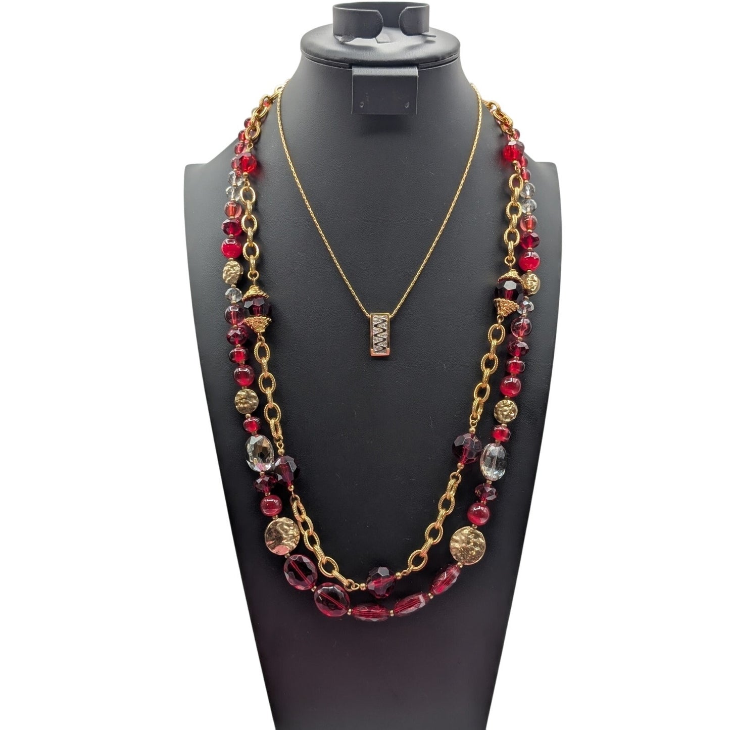 Lot of Three Coordinating Gold Tone & Red Bead Necklaces