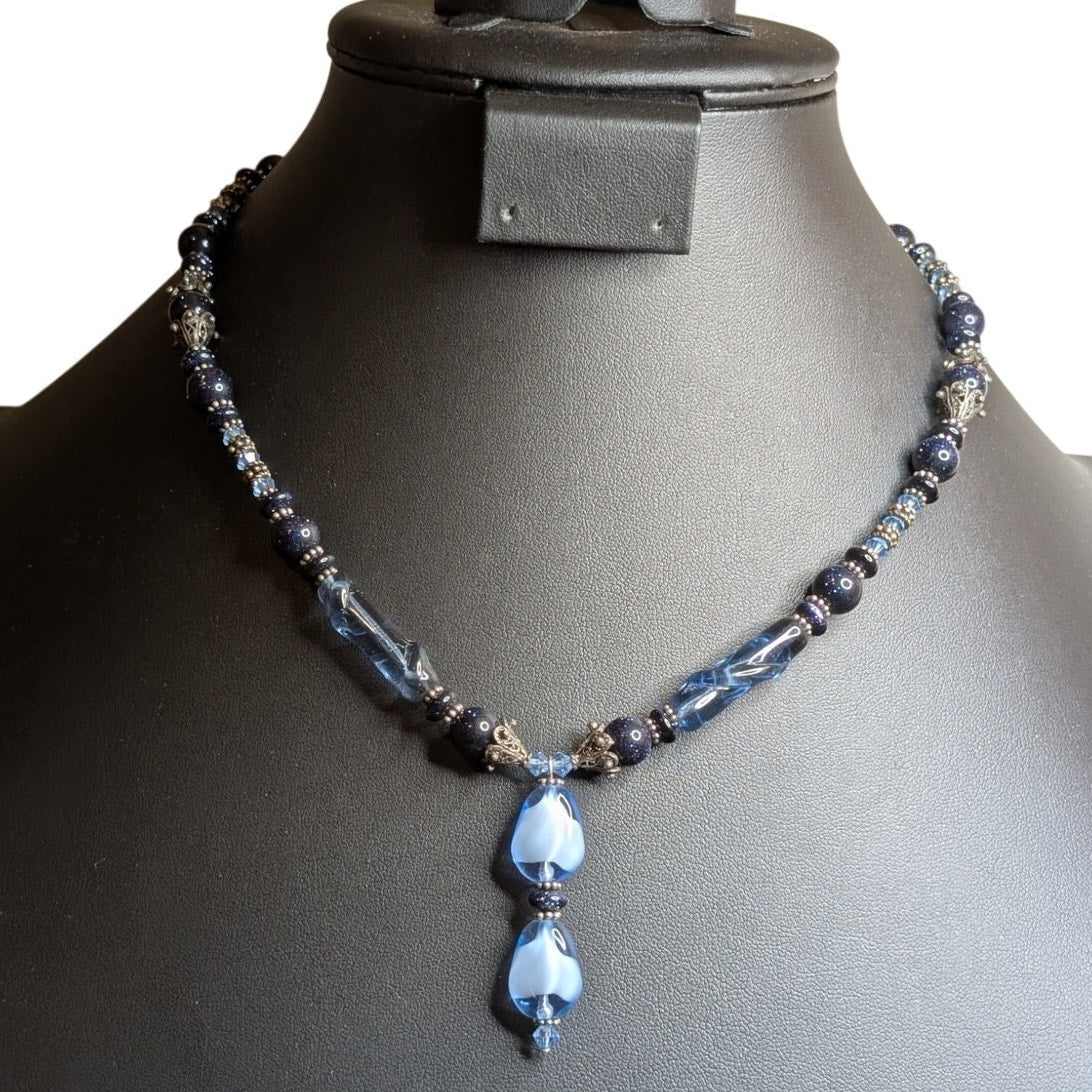 Blue Fused Glass Dangle Gold Stone Crystal Beaded 18" Necklace W/ Toggle Clasp